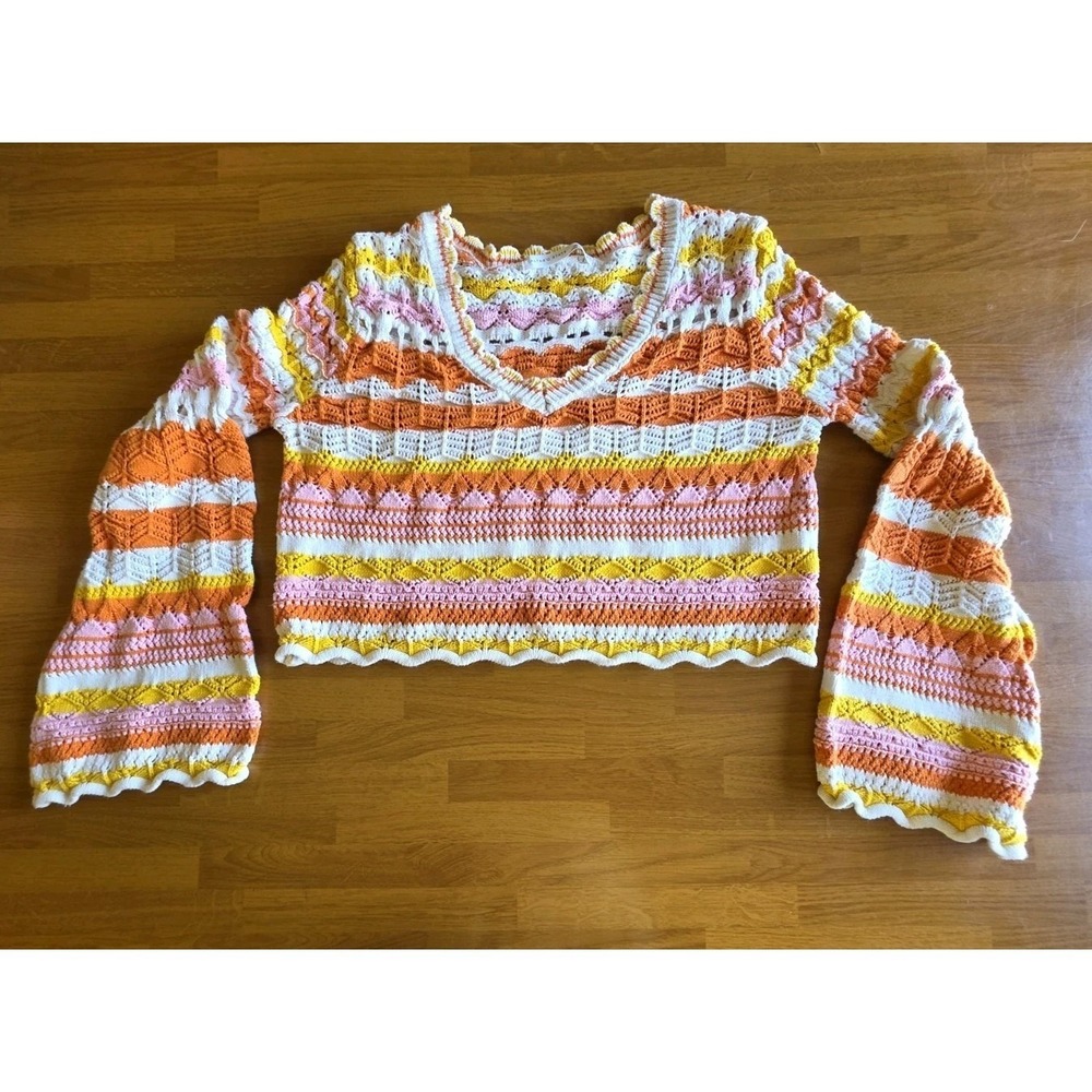 Altar'd State Cropped Sweater Medium Orange Pink Yellow Bell Sleeve Boho